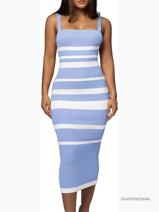 Sleeveless Striped Bodycon Midi Dress Square Neck Ribbed Knit - Picture 1 of 7